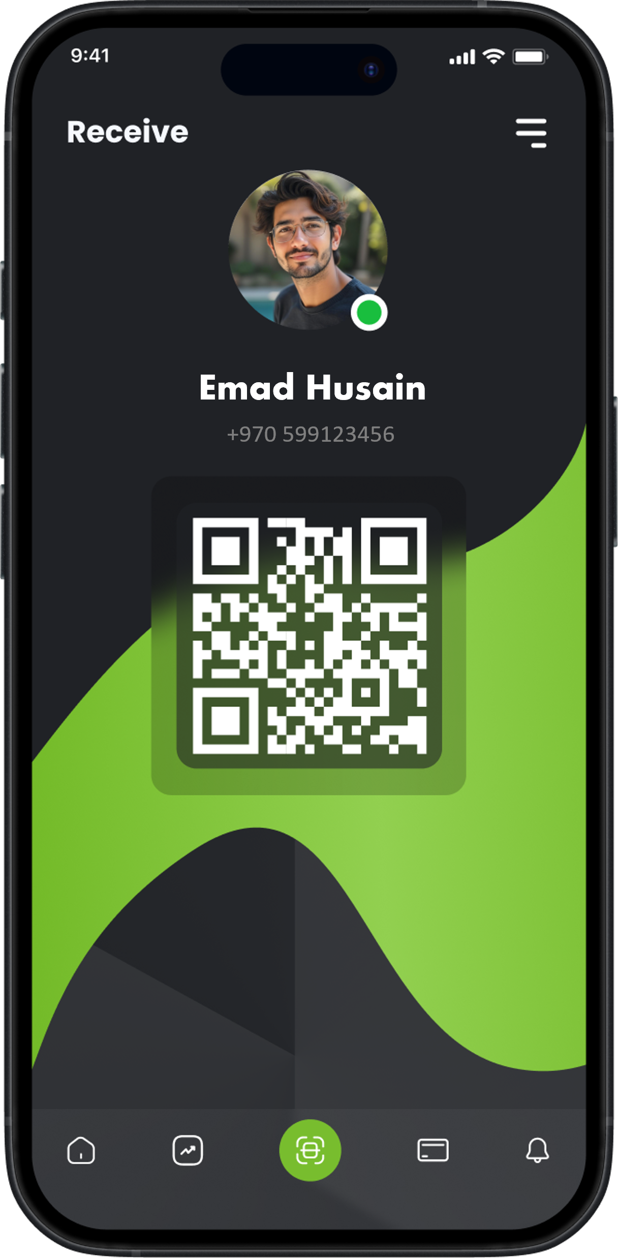 Kafel app showing QR code scanner and transaction interface