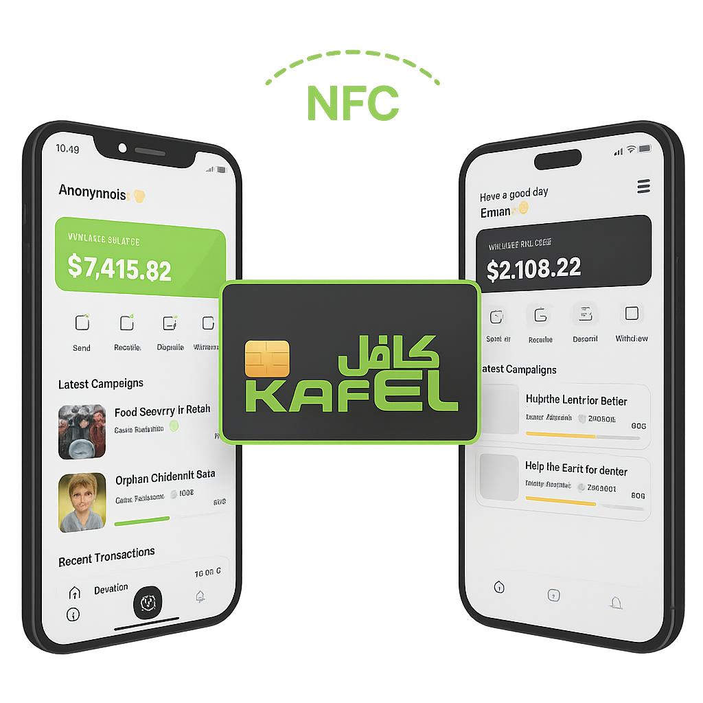 Kafel app interface showing wallet balance and transaction history